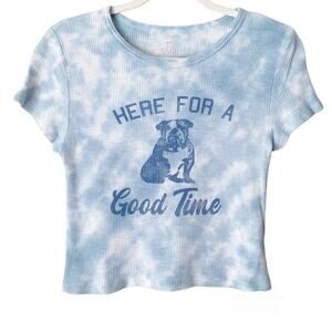 Aerie | Bulldog Good Time Cropped Baby Tee Shirt Waffle Knit Tie Dye Blue Medium